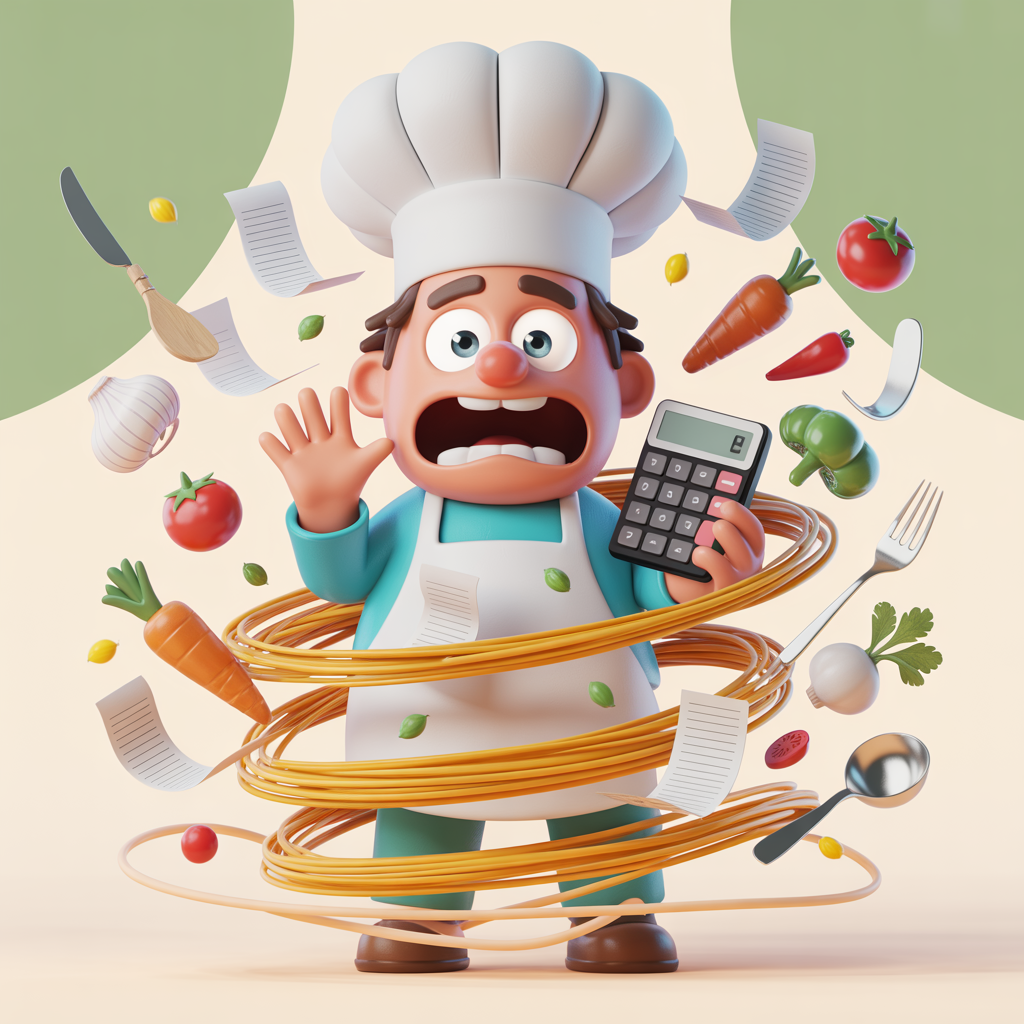 Stressed chef with calculator